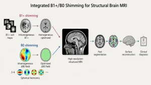 Integrating B1 and B0 shimming with fast segmentation and surface reconstruction to enable high-resolution structural brain imaging for clinical diagnosis. 